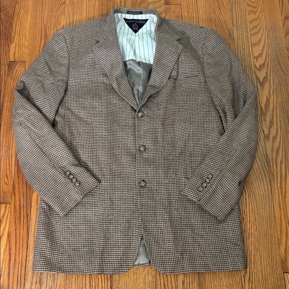 Tommy Hilfiger Houndstooth Blazer Brown 3-Button Sport Coat Mens 41L Made in USA