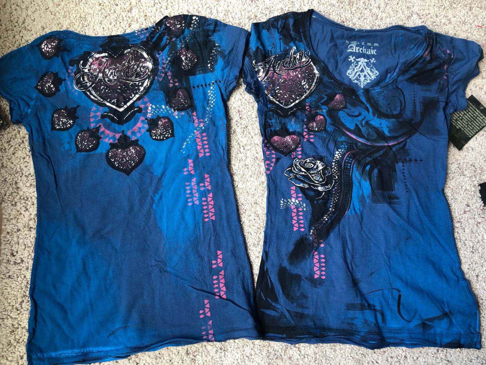 NWT WOMENS ARCHAIC BY AFFLICTION BLUE/TEAL/PINK/BLACK SHIRT W/HEARTS/ROSE SIZE M