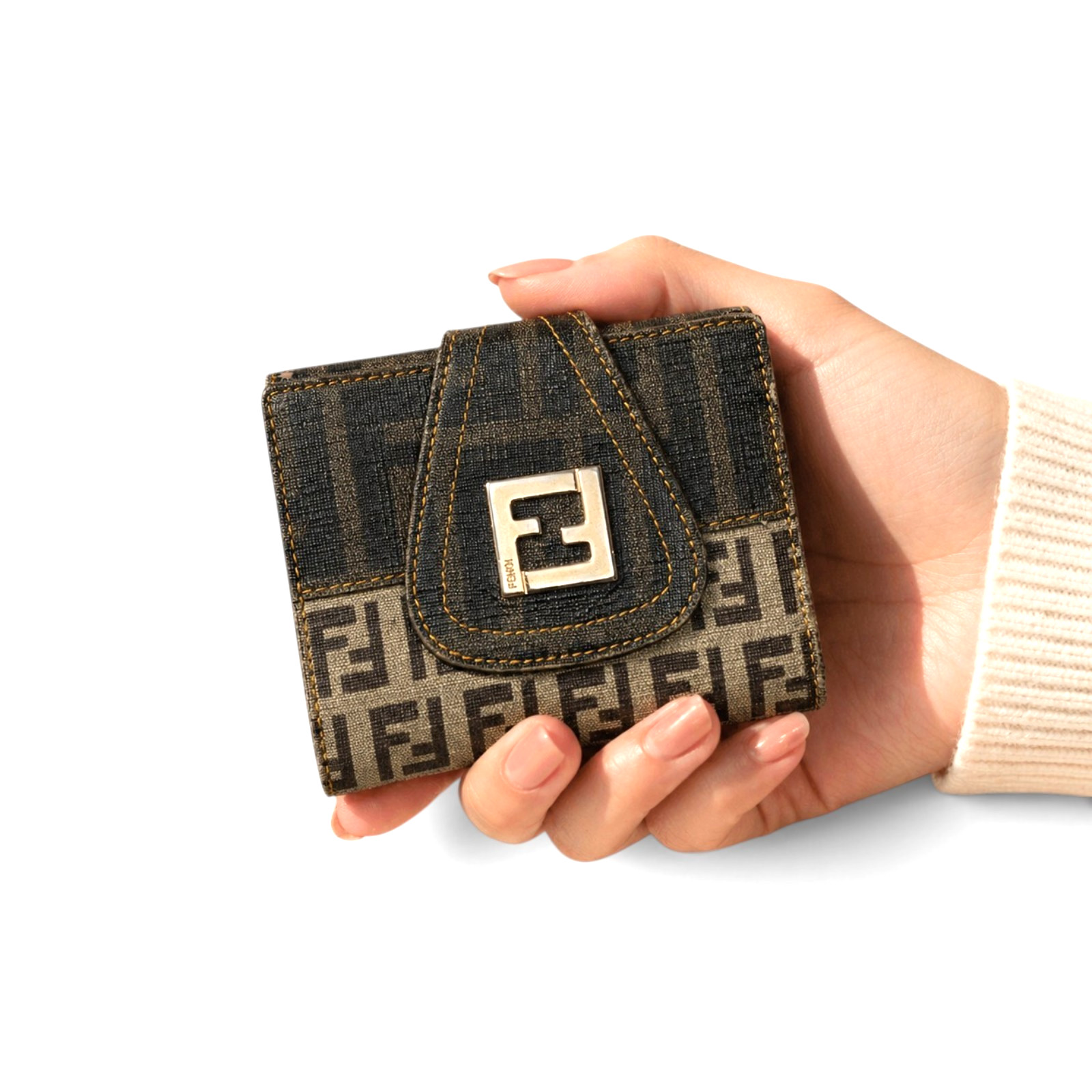 FENDI Zucca FF Wallet Brown Canvas Leather Compact Wallet w/ Box Italy