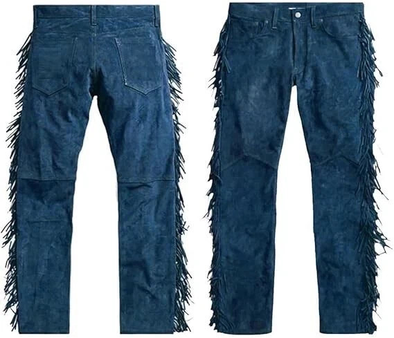 Men’s Western Cowboy Genuine Suede Lambskin Leather Blue Fringe Pant