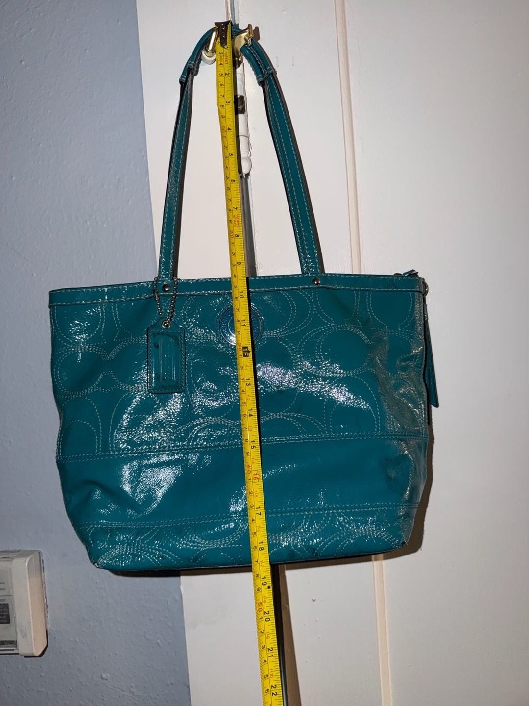 Coach Signature Gallery Stitched Patent Leather Tote Bag Teal F19198