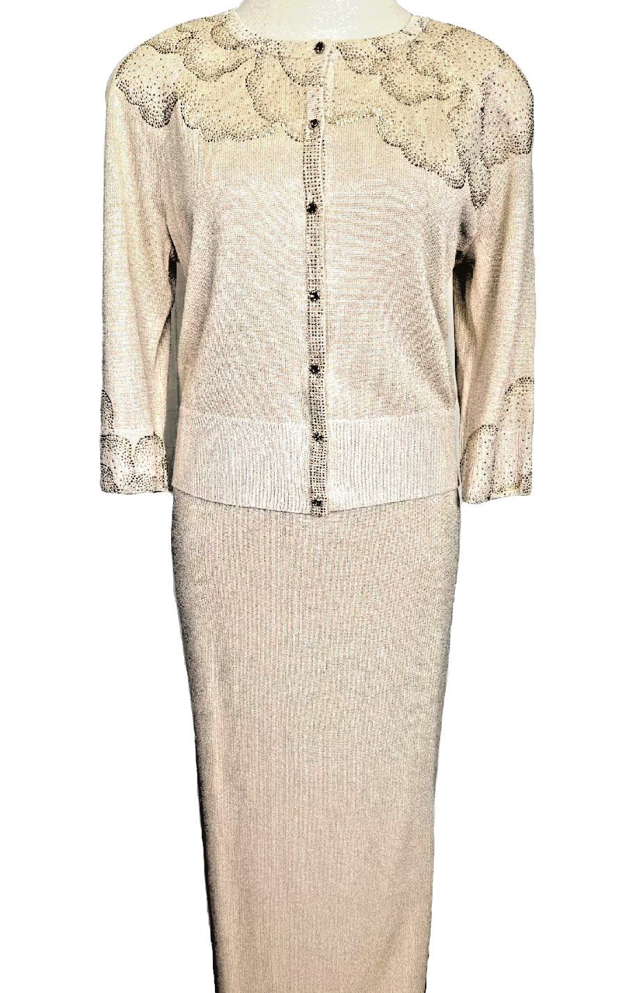 GORGEOUS ST.JOHN 2 PIECE JACKET EXTRA LONG SKIRT GOLD KNIT PAILETTES NWT SIZE 10