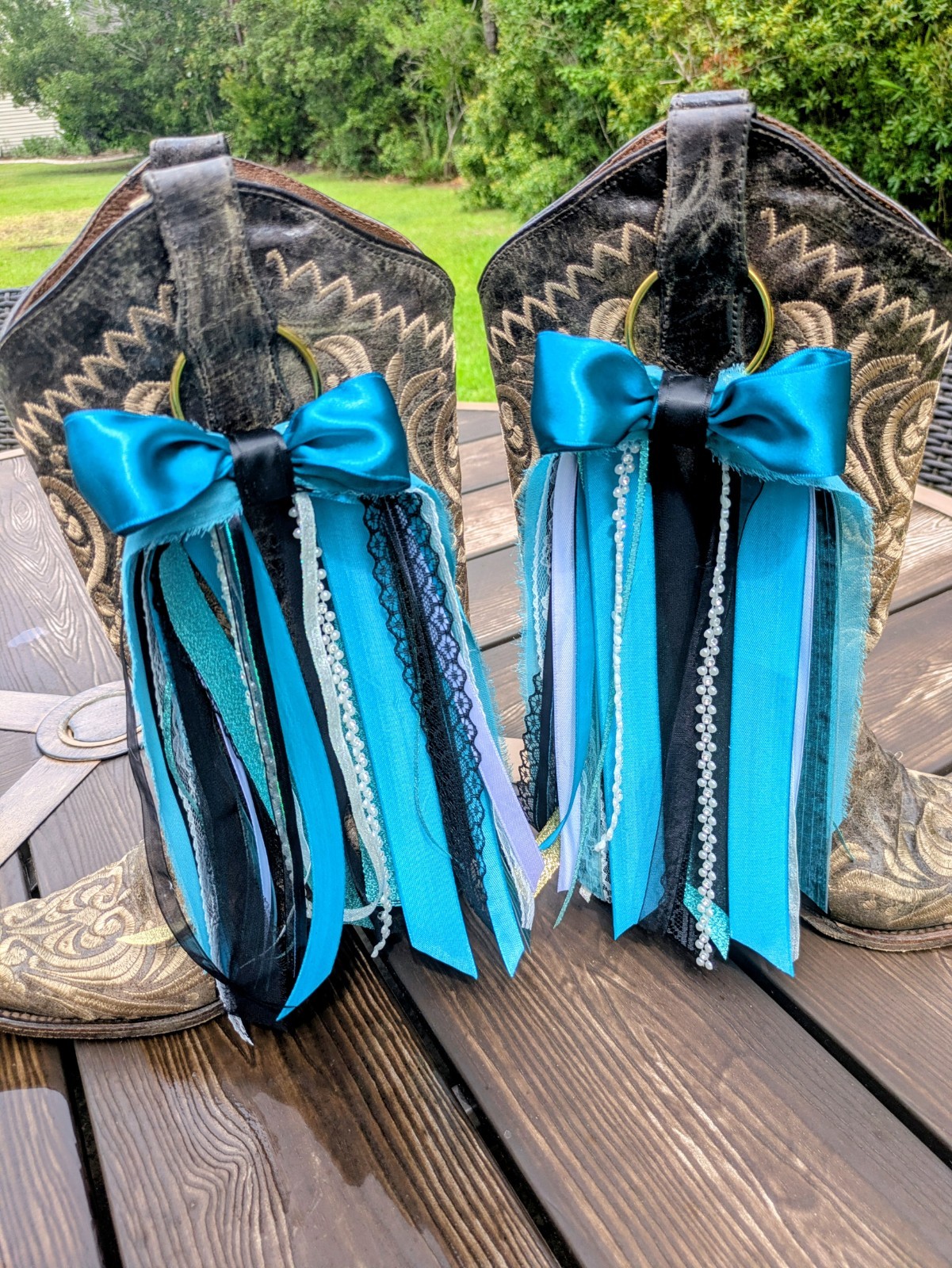 Teal & Black Ribbon Bow Tassel Boot Shoe Charms Pair, Gold Tone Hooks Western
