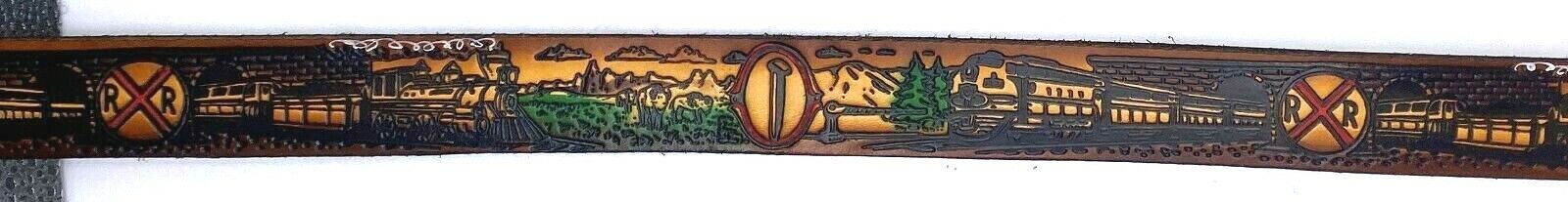TRAIN RAILROAD STEAM ENGINE EMBOSSED LEATHER COWHIDE BELT SIZE 26-48 USA MADE