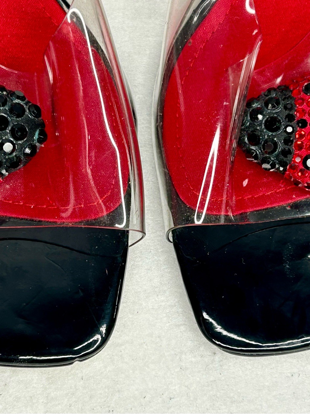 J. Renee Clear Vinyl Slide Sandals Red Black Rhinestone Ladybug New Size 8.5