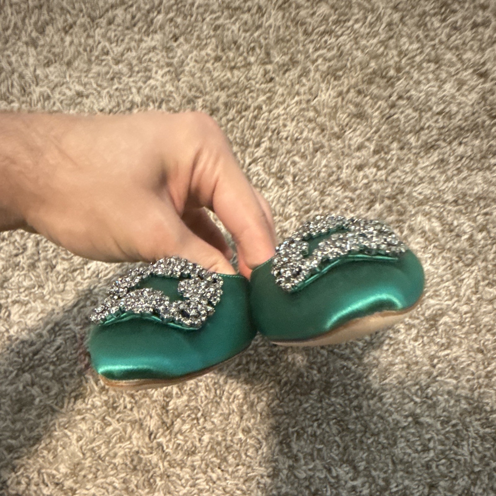 Manolo Blahnik Green Satin Rhinestone Pointed Toe Slip-On Mule Flats 6.5