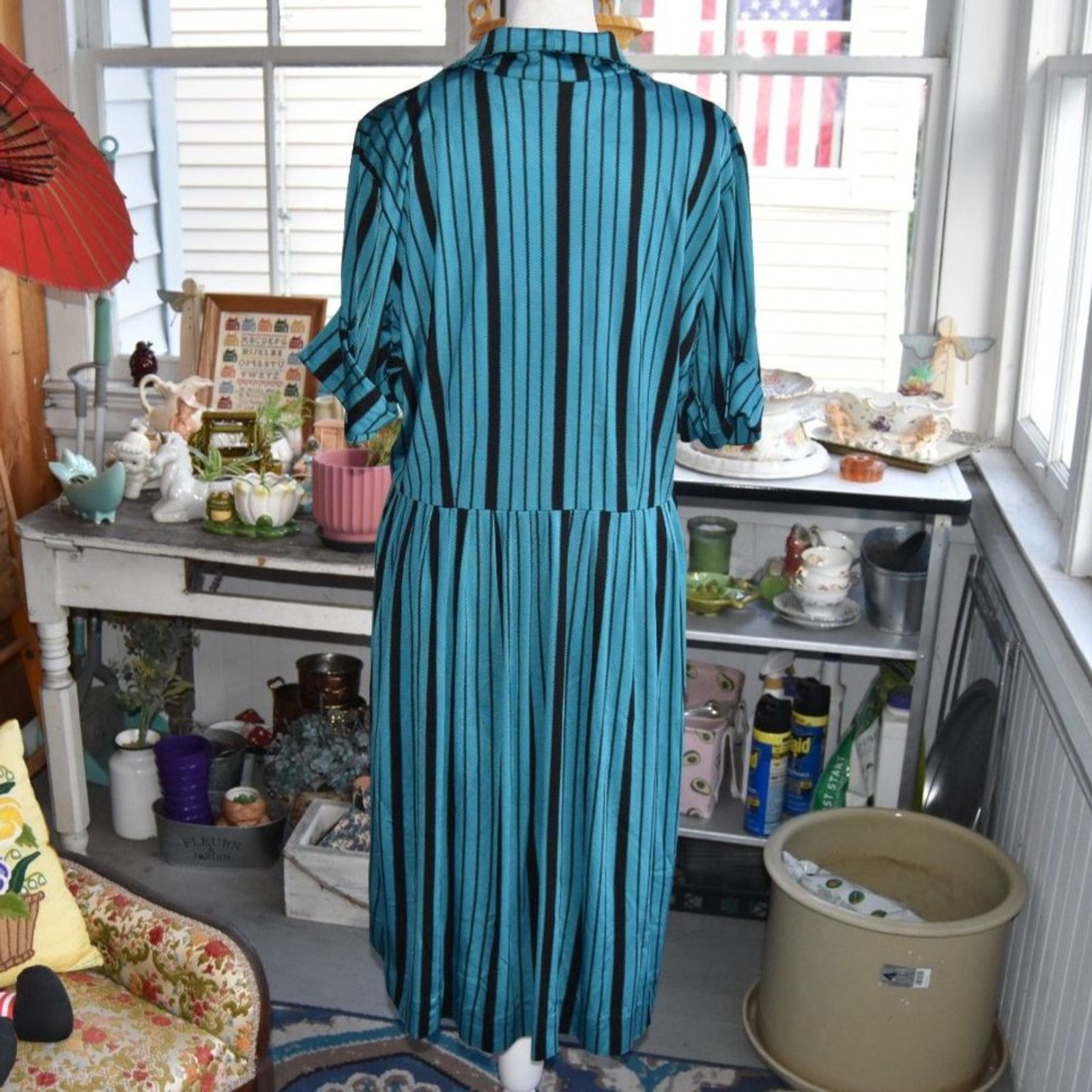 Vintage 60s Mode O’Day Mod Stripe Dress Blue Black Shirtwaist Midi L
