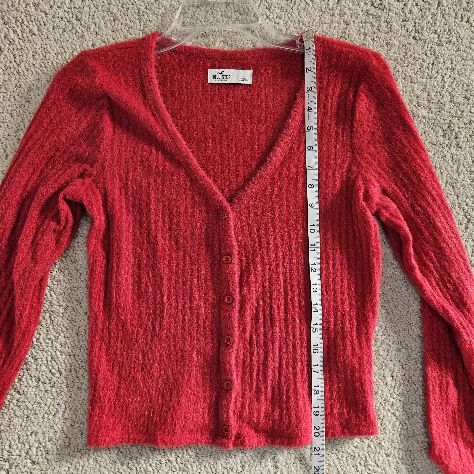 Hollister Cherry Red Cardigan Fuzzy Button Up V Neck Crop Large Holiday Preppy