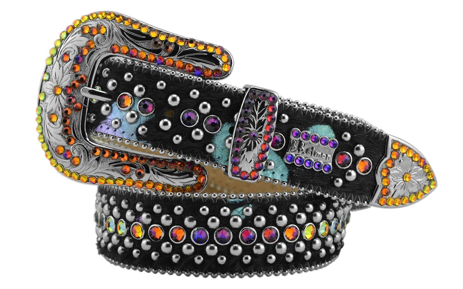 BB Simon Veronica Belt Volcano Crystal Black Acid Wash Silver 30 32 34 36 38 40