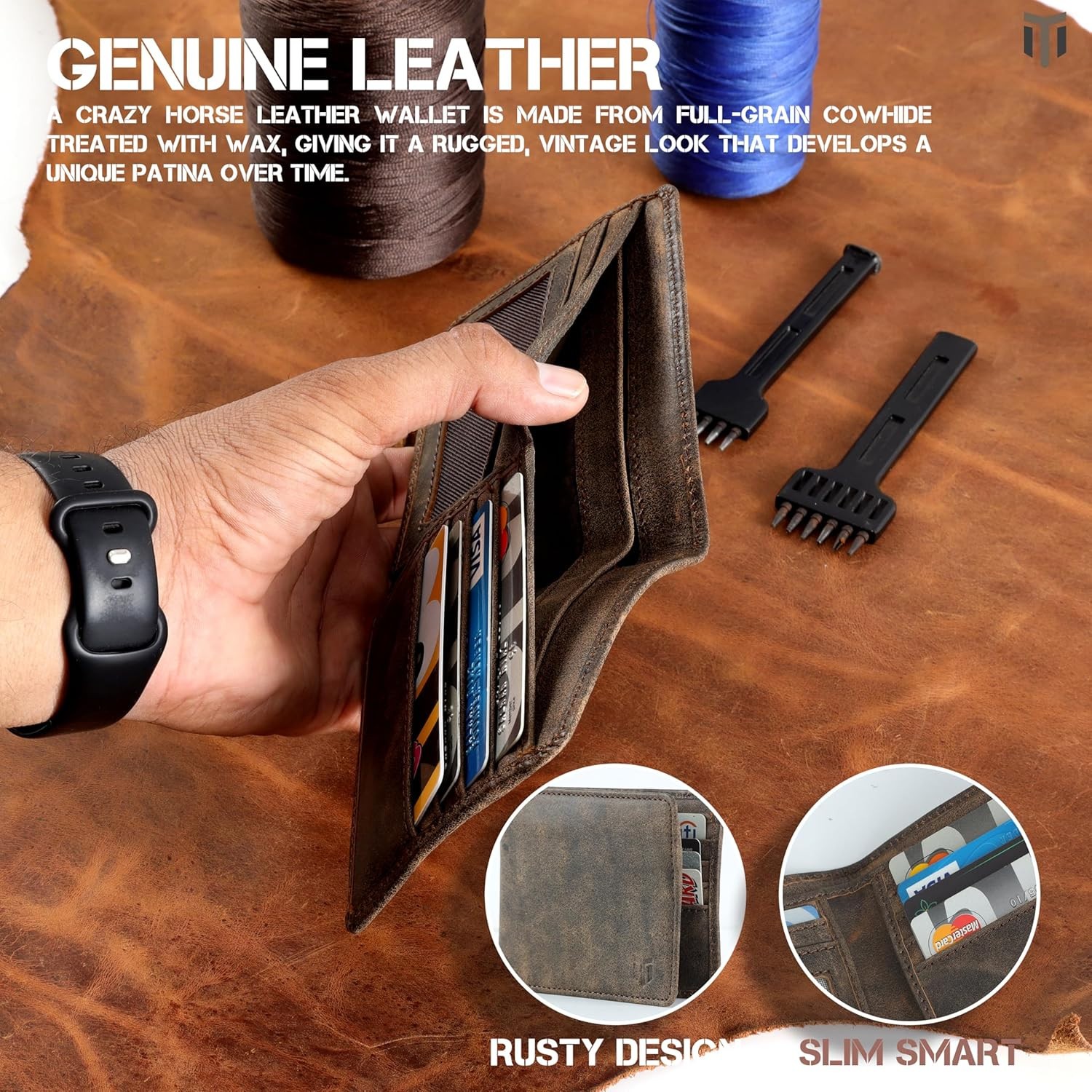 Genuine Slim Antique Leather Wallet For Mens Minimalist Bifold RFID Blocking