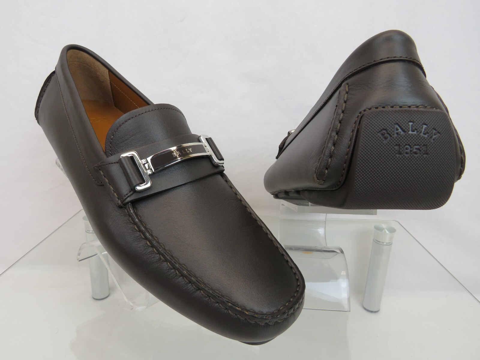 BALLY DRULIO DARK BROWN CHOCOLATE LEATHER METAL LOGO DRIVING LOAFERS US 12 D