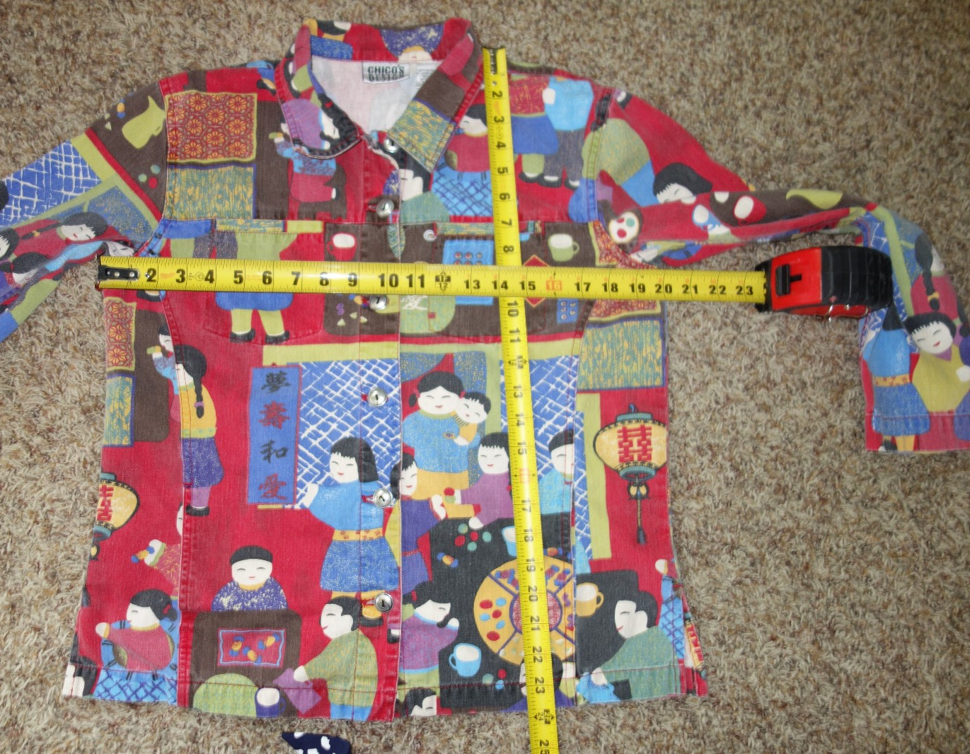 Chicos Design Asian Oriental Kokeshi Doll Art Colorful Cotton Denim Jacket Sz 1
