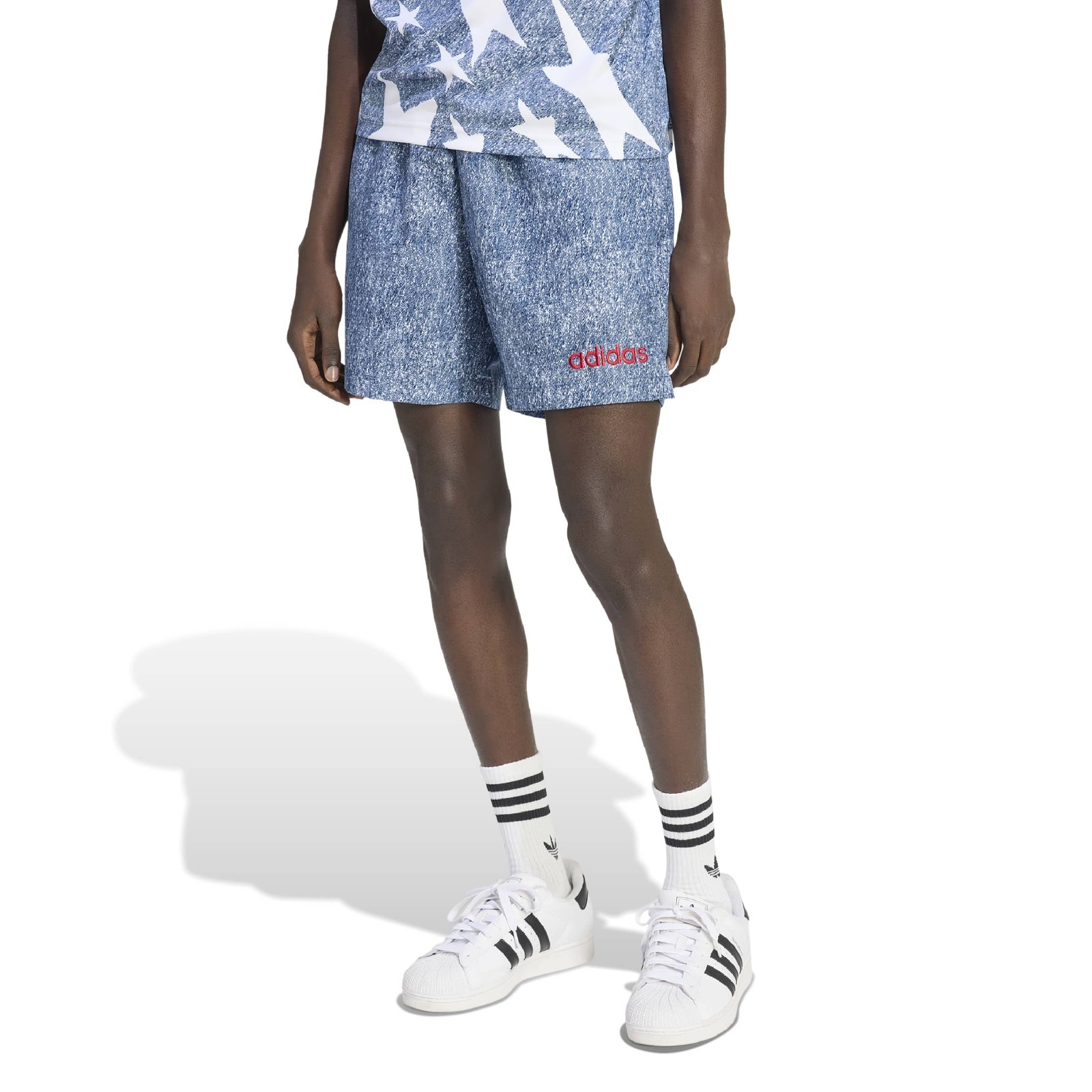 Adidas Originals Men’s (White/Dark Blue) Denim Graphic Shorts KB2804