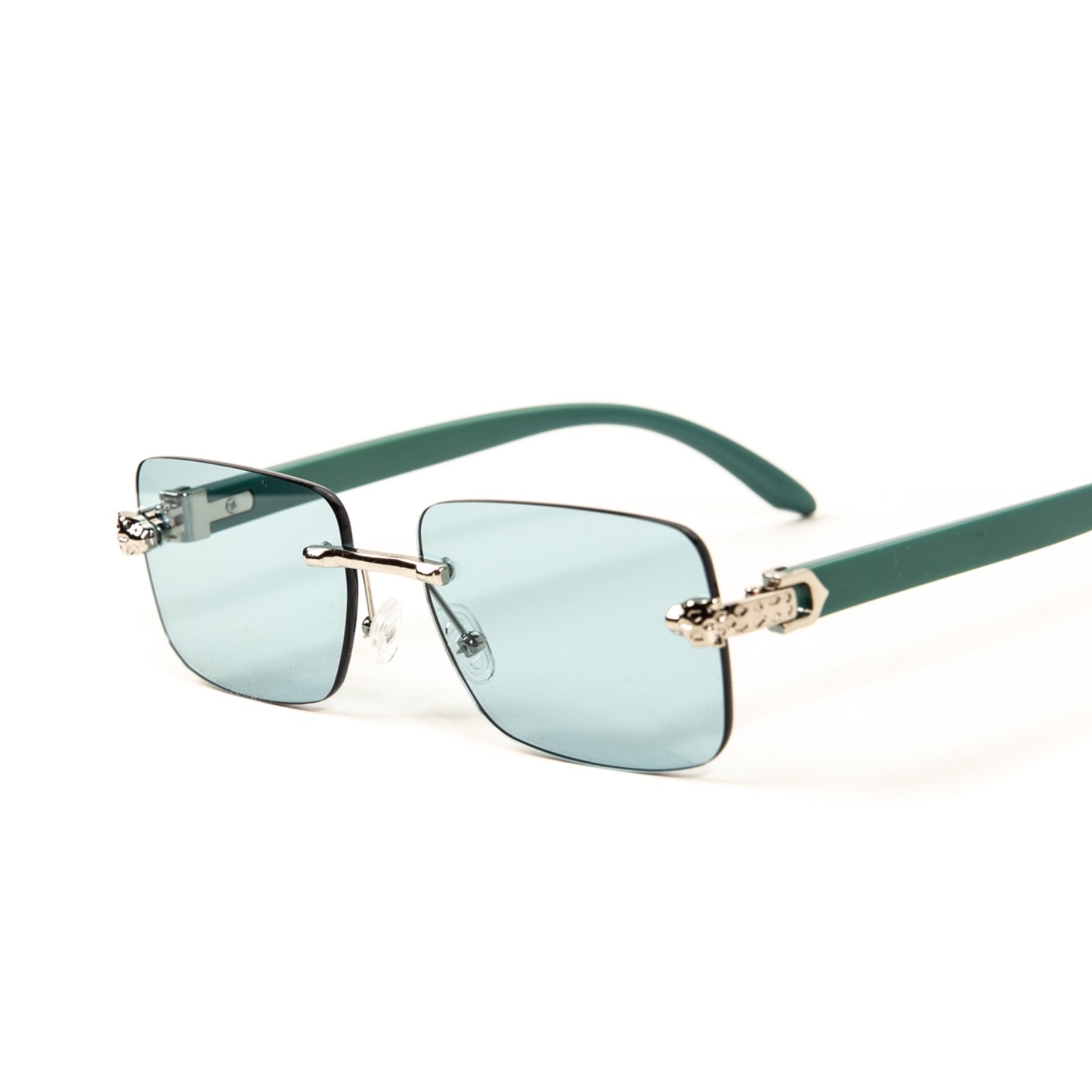 Mens Turquoise Tint Rimless Silver Frame Vintage Leopard Head Sunglasses