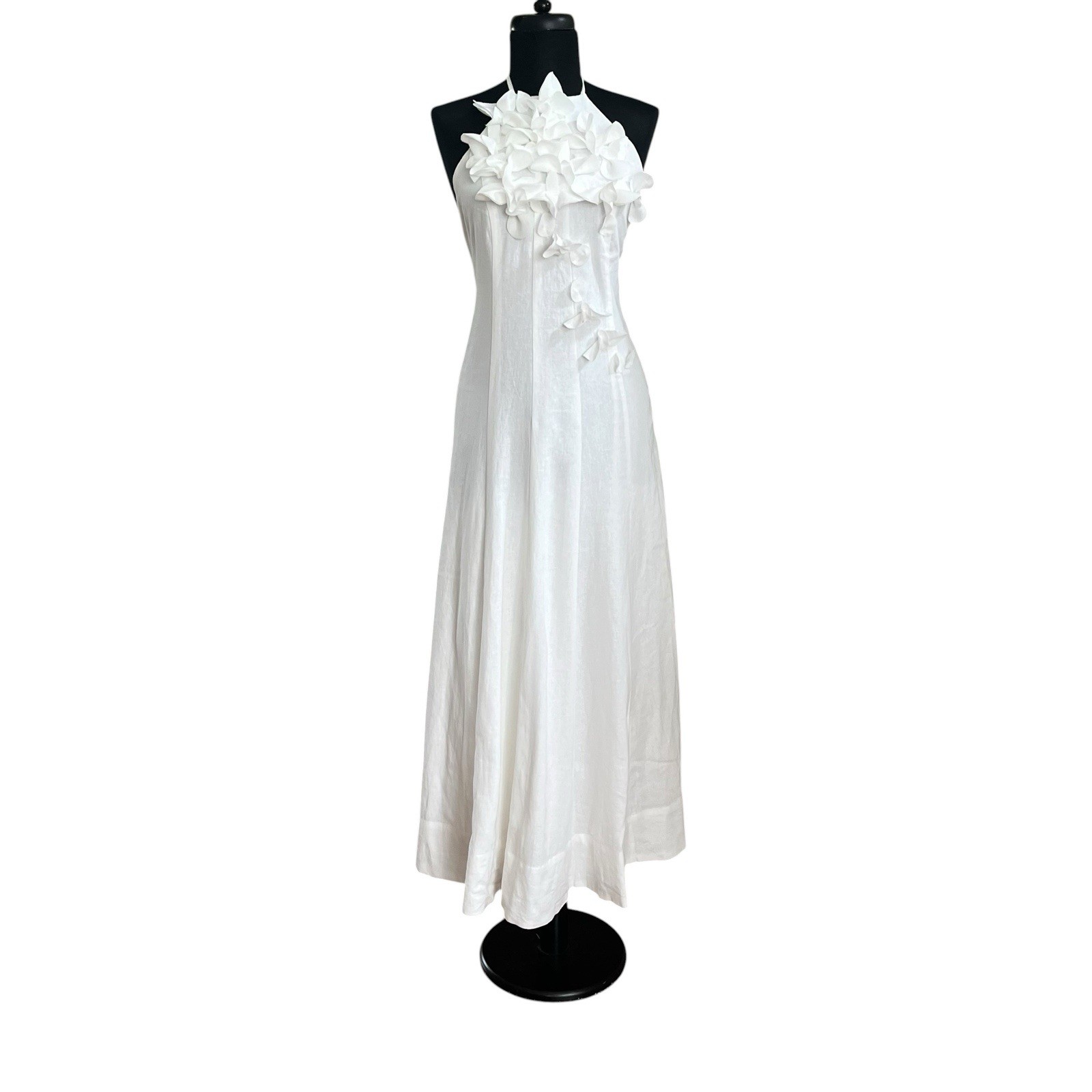 Caroline Constas Floral 3D Applique Halter Maxi Dress 10 White Linen Resort Euro