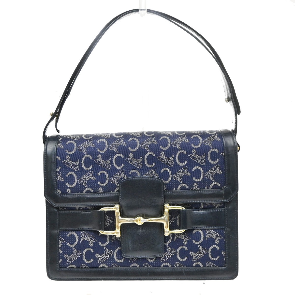 CELINE Logo C Macadam Horse Carriage Shoulder Bag Canvas Leather Blue 31KD322