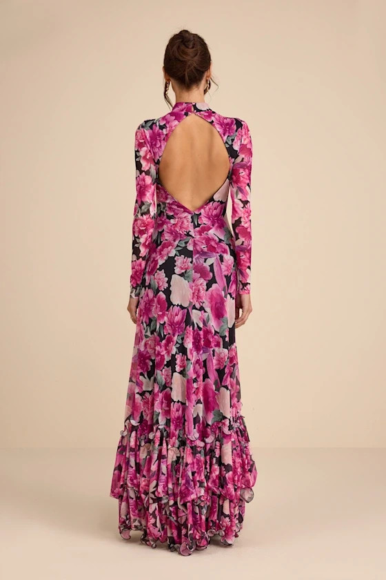 Lulus Emilina Black and Magenta Floral Mock Neck Maxi Dress