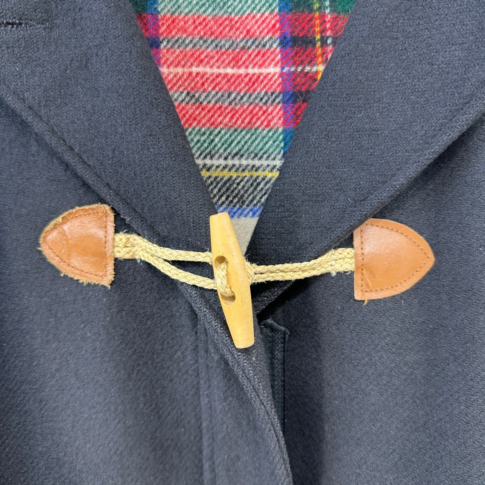 Lands End Womens Black Wool Duffle Coat Plaid Lined Hooded Toggle Button
