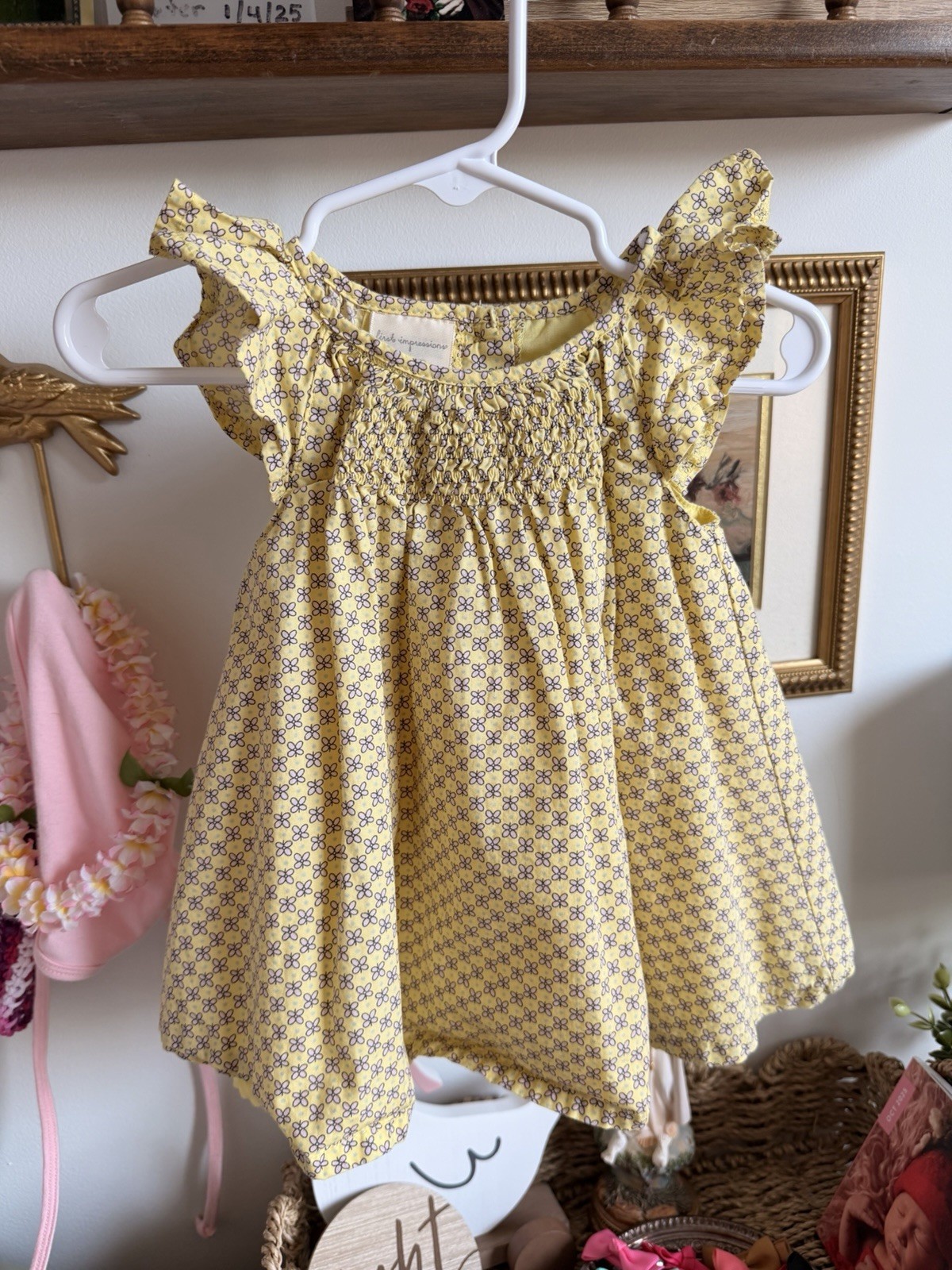 First Impressions Girls Yellow Floral Smocked Flutter Sleeve Dress 6-9 Months