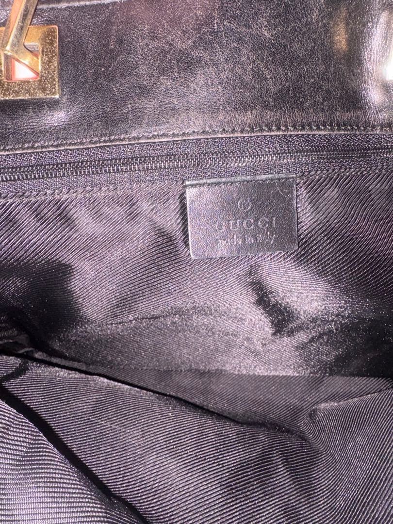 GUCCI GG Tote Hand Bag Leather Canvas Dark Brown Black Gold Hardware From Japan
