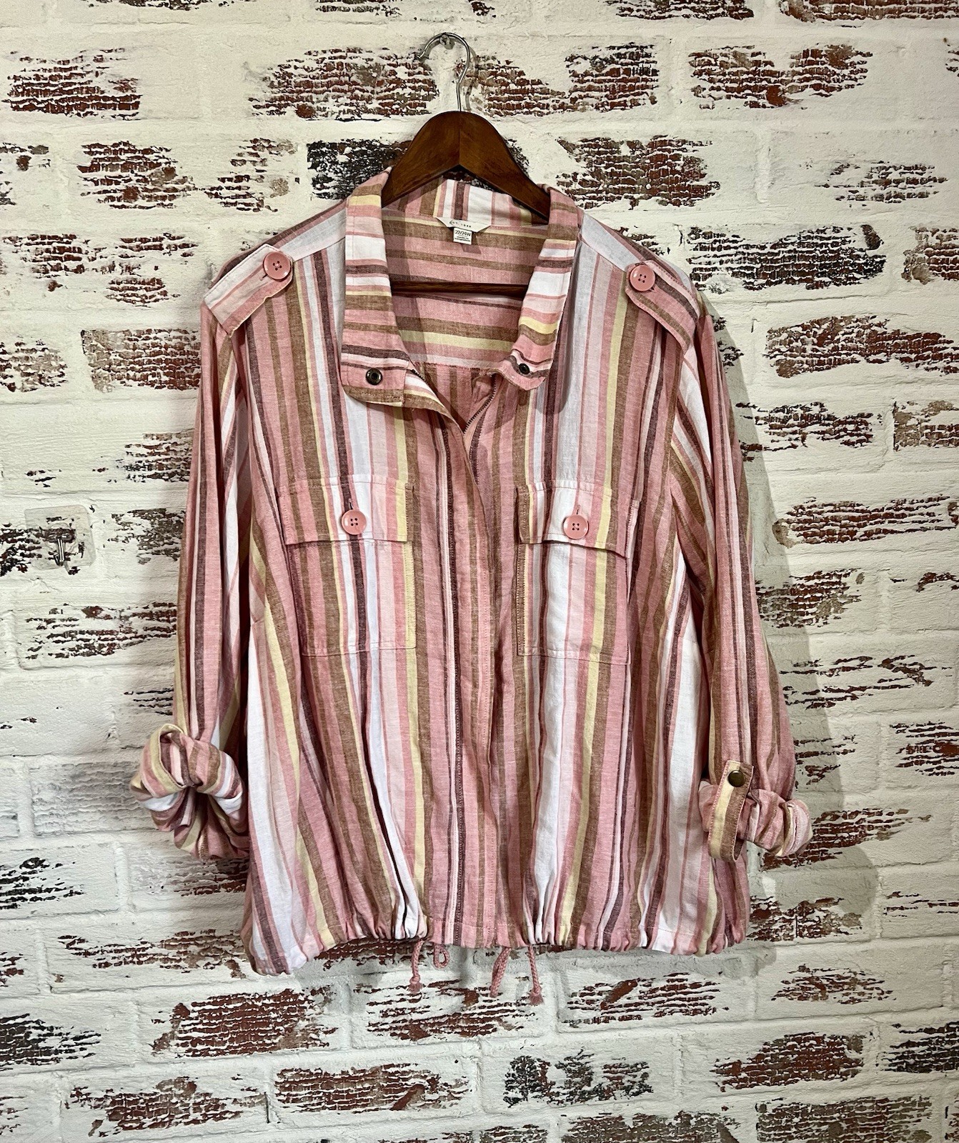 C EST 1946 Shirt Shacket Linen Blend Zip Up Roll Tab Sleeves Drawstring Hem