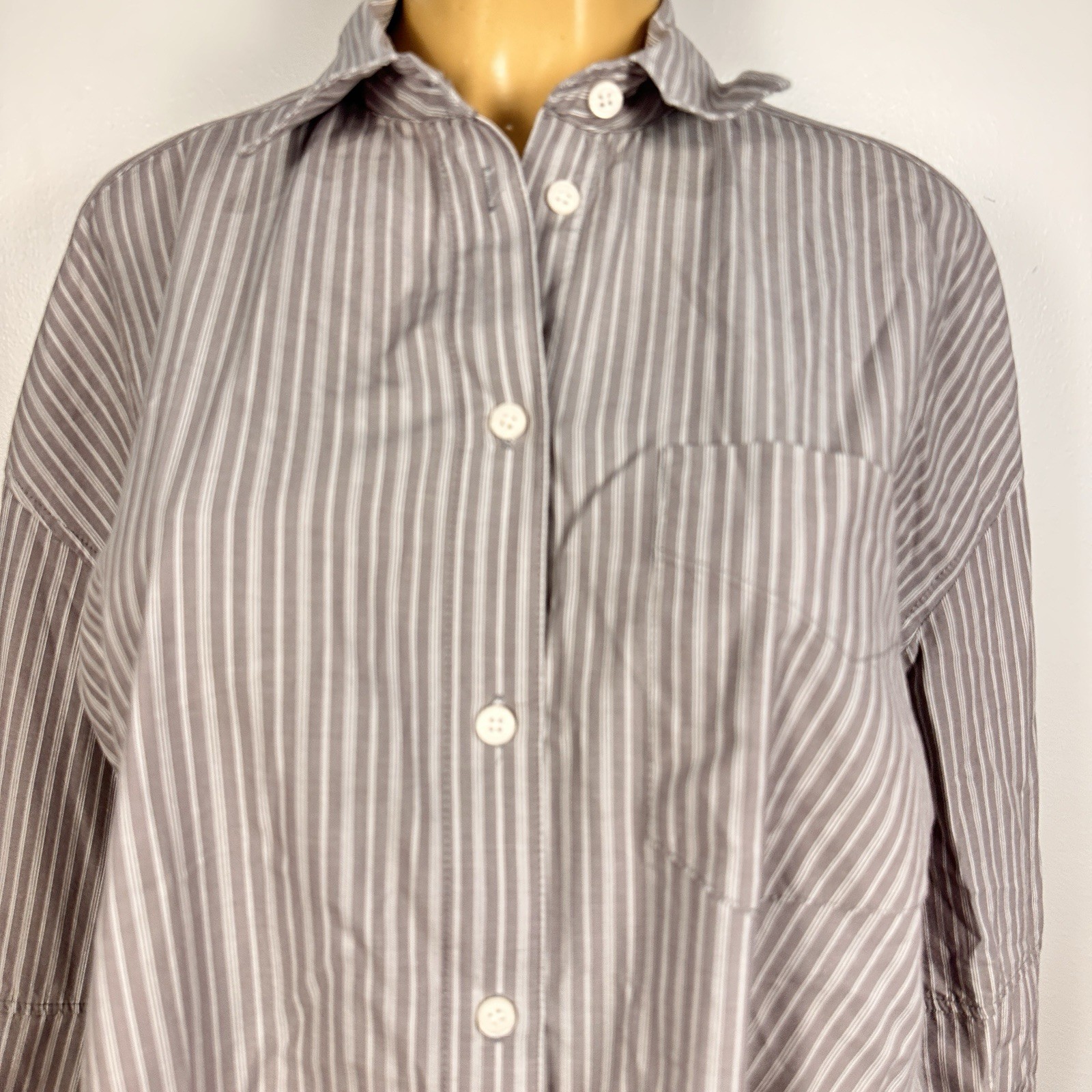Zara Double Cuff Oversized Striped Shirt Sz M Gray Cotton Lagenlook