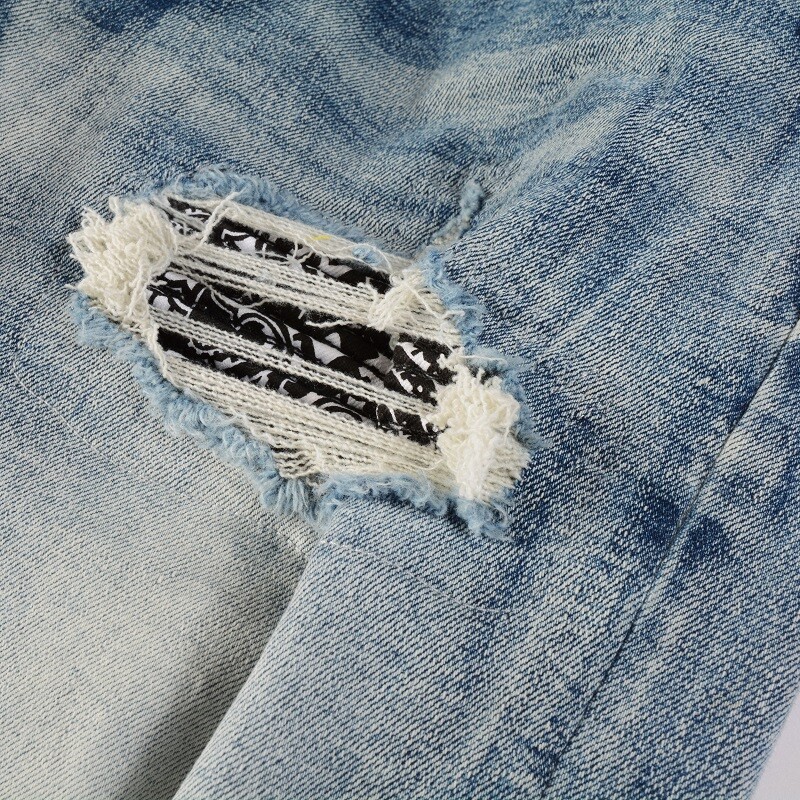 Men’s Slim Fit Stretch Denim Jeans with Paisley Patch Detail & Distressed Wash