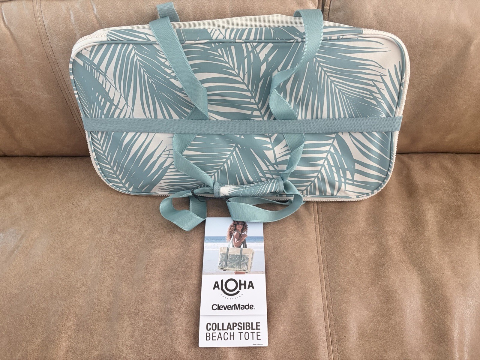 ALOHA Collection CleverMade Collapsible Beach Tote palm teal green NWT beach bag