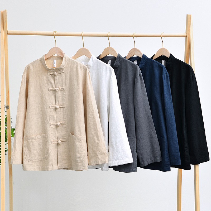 Men’s Chinese style buckle long sleeved casual breathable stand up collar retro