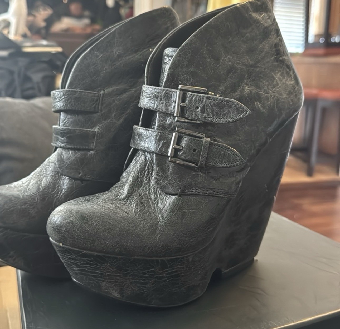 Mia Limited Edition Leather Platform Wedge Ankle Boots Double Buckle US 8