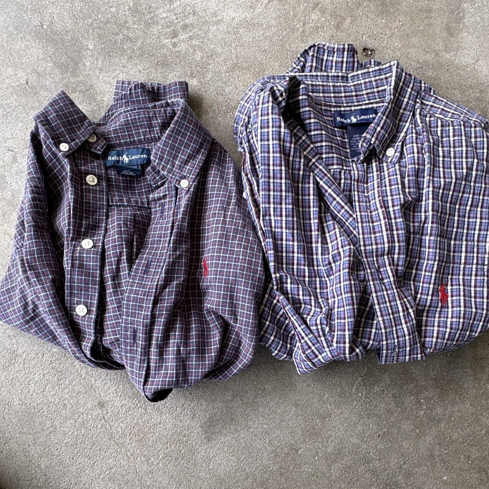Ralph Lauren Boys M (12/14) Blue Red White Plaid Cotton Logo Button-Down 2pk