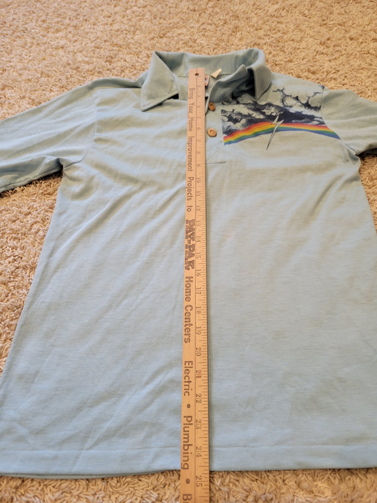 VTG 70s Lightning Bolt Polo Shirt Surfer Waves Wood Button Blue Surf Sz Xs*