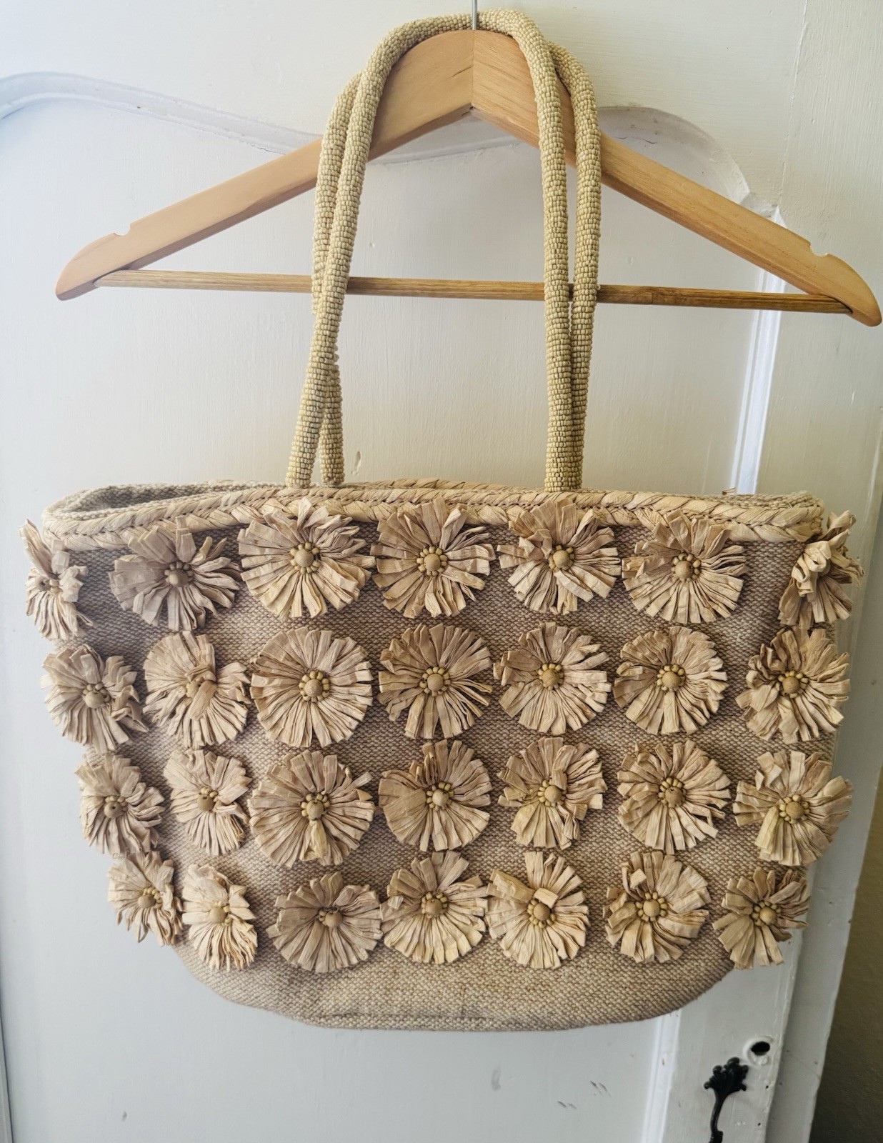 NWOT Boho Floral Beach Tote Bag 100% Cotton Beaded Handle Raffia Flowers