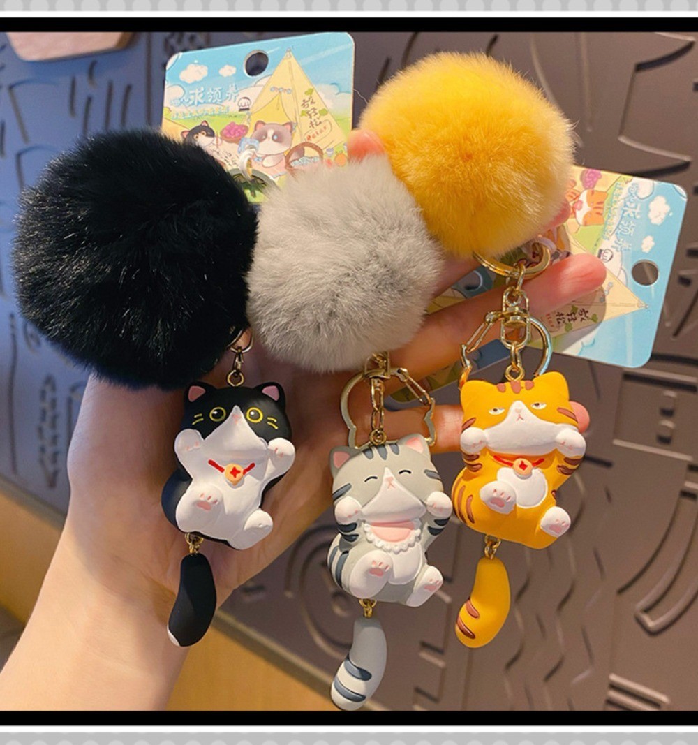 Resin cartoon plush ball keychain cow plush doll orange Siamese cat bag pendant