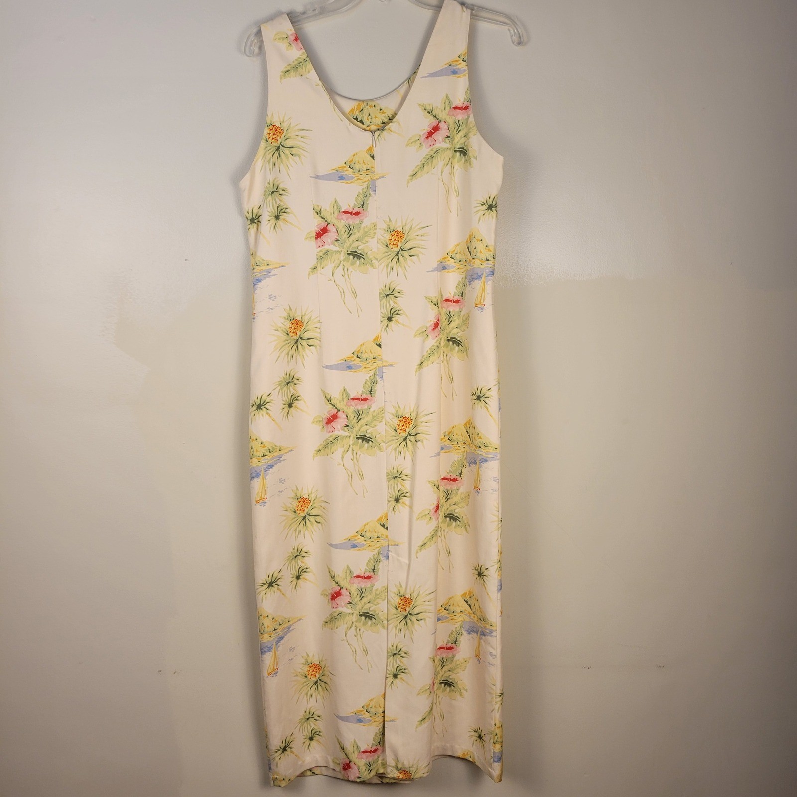 Pineapple Moon Womens Cream 100% Silk Tropical Hawaiian Maxi Dress Size M