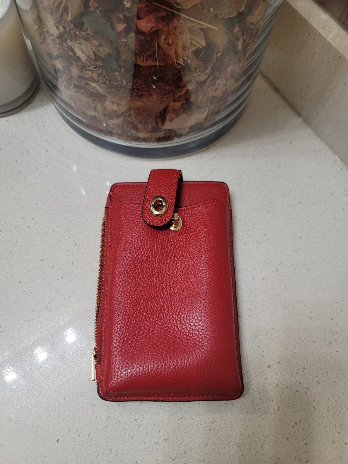 Coach CJ866 Essential Polished Pebbled Leather Phone Wallet Clutch Enamel Red