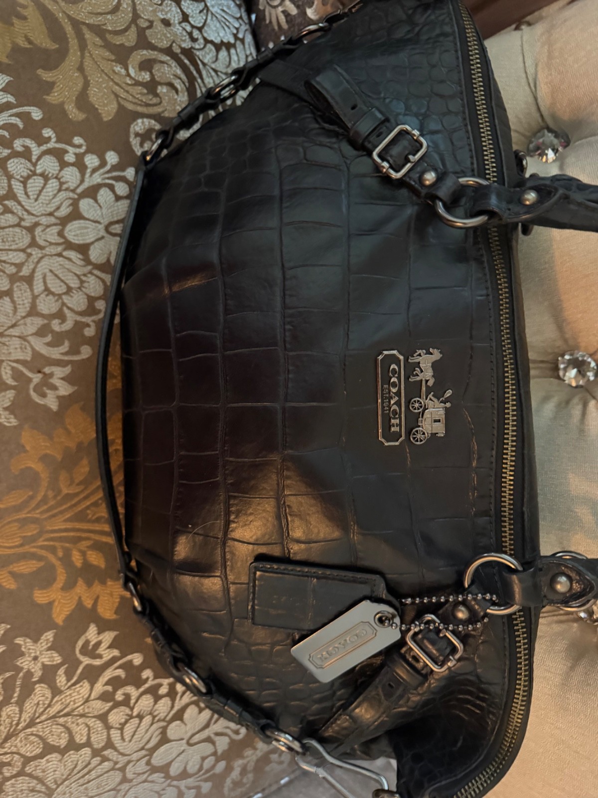 Coach Madison Sophia Croc Charcoal Leather Large Satchel Antique Black Handbag