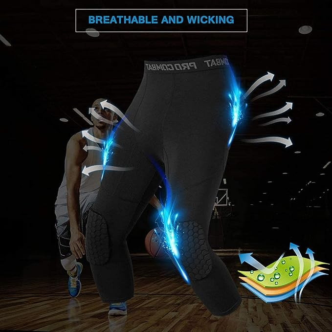 Men’s Basketball Sports Tight Pants 3/4 Compression Workout Leggings Knee Pads