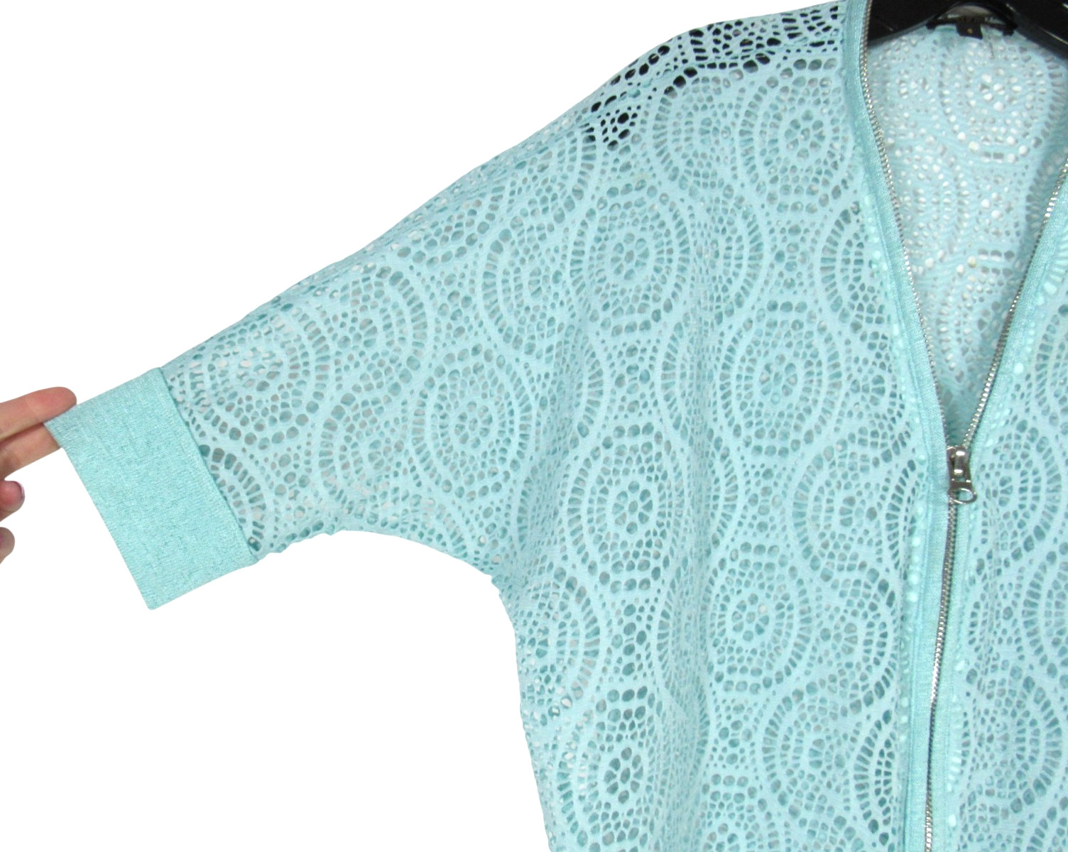 ALBERTO MAKALI Airy EYELET LACE Full Zip 3/4 SLEEVE Aqua Blue JACKET TOP Sz S