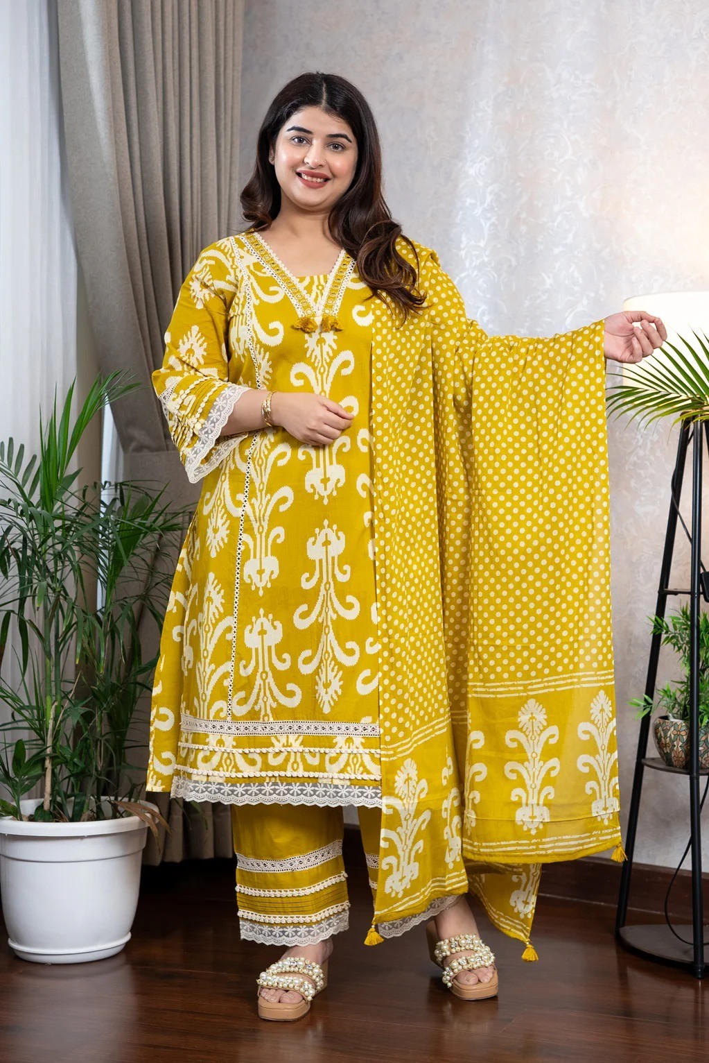 Mustard Pure Cotton A Line Kurta Pant Dupatta Suit Set Ikat Print Women’s