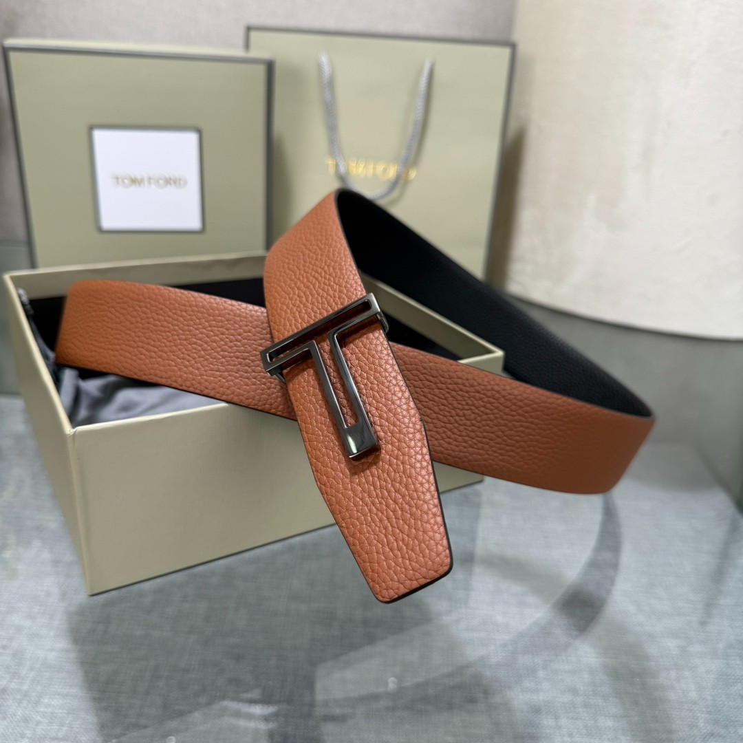 Tom Ford Belt Reversible T-Buckle Brown/Black Calfskin Leather Belt