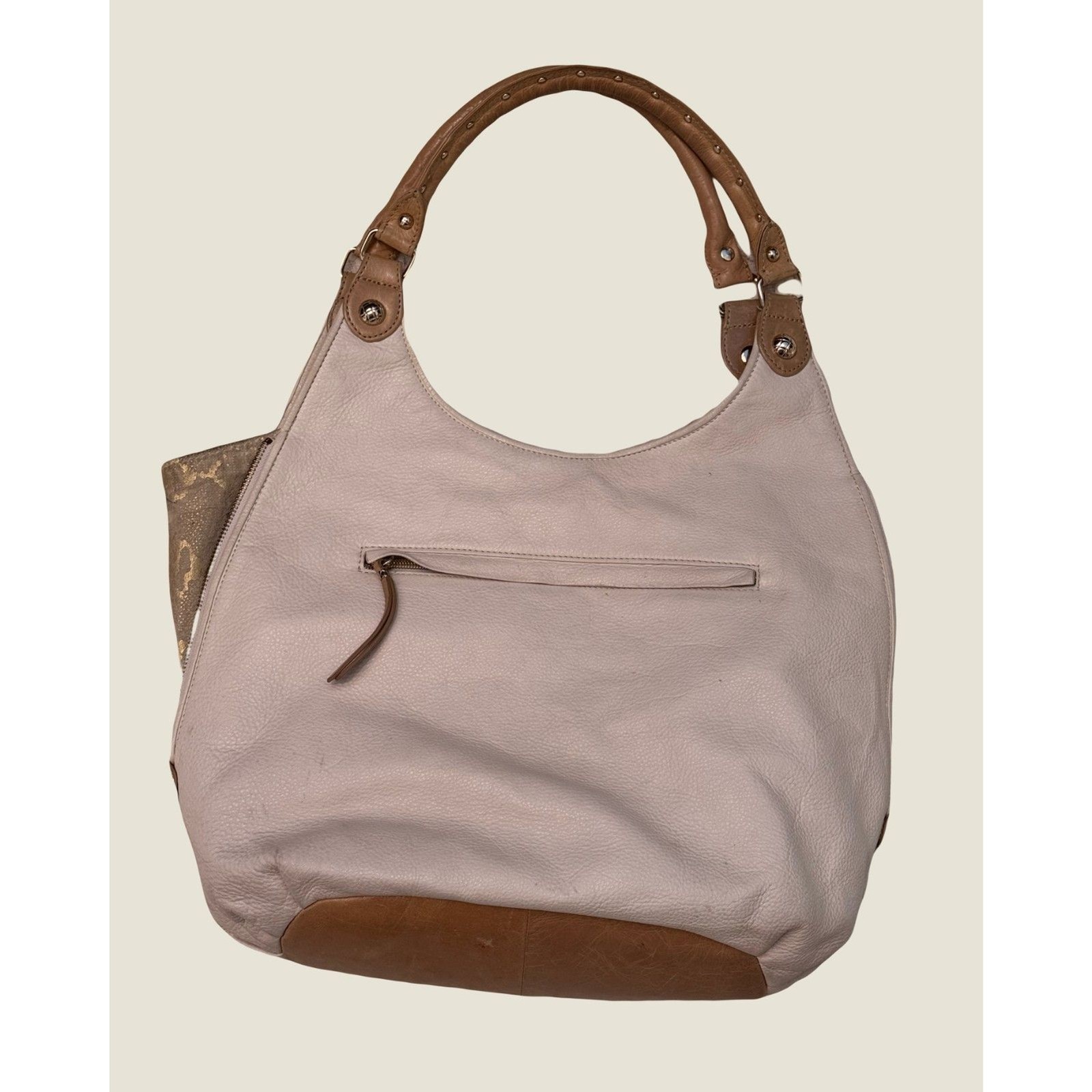 Elliott Luca Leather Cream Studded Zippered Pebbled Hobo Large Barnie Handbag
