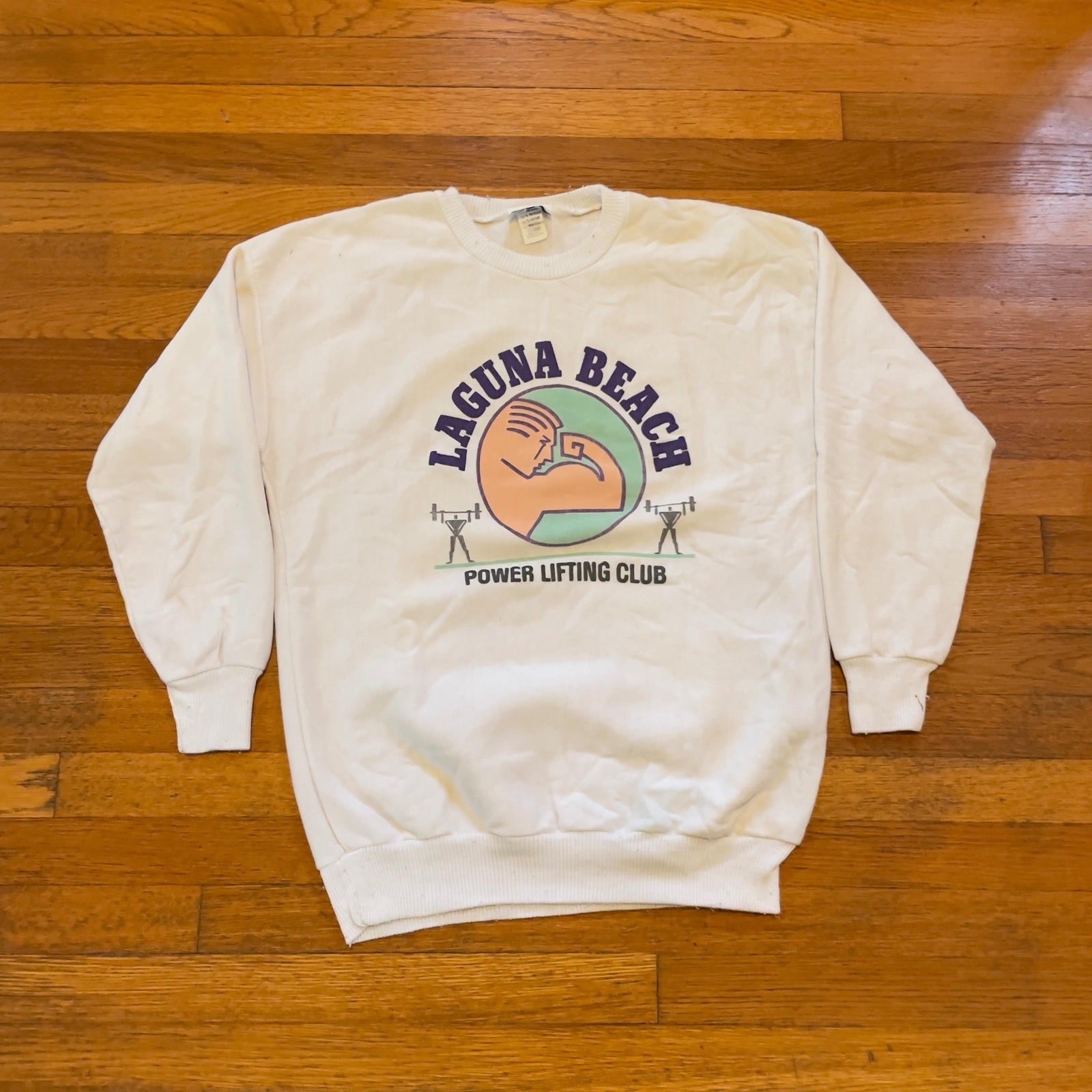 VTG 80s LAGUNA BEACH POWER LIFTING CLUB Sweatshirt White Athletic Mens L USA