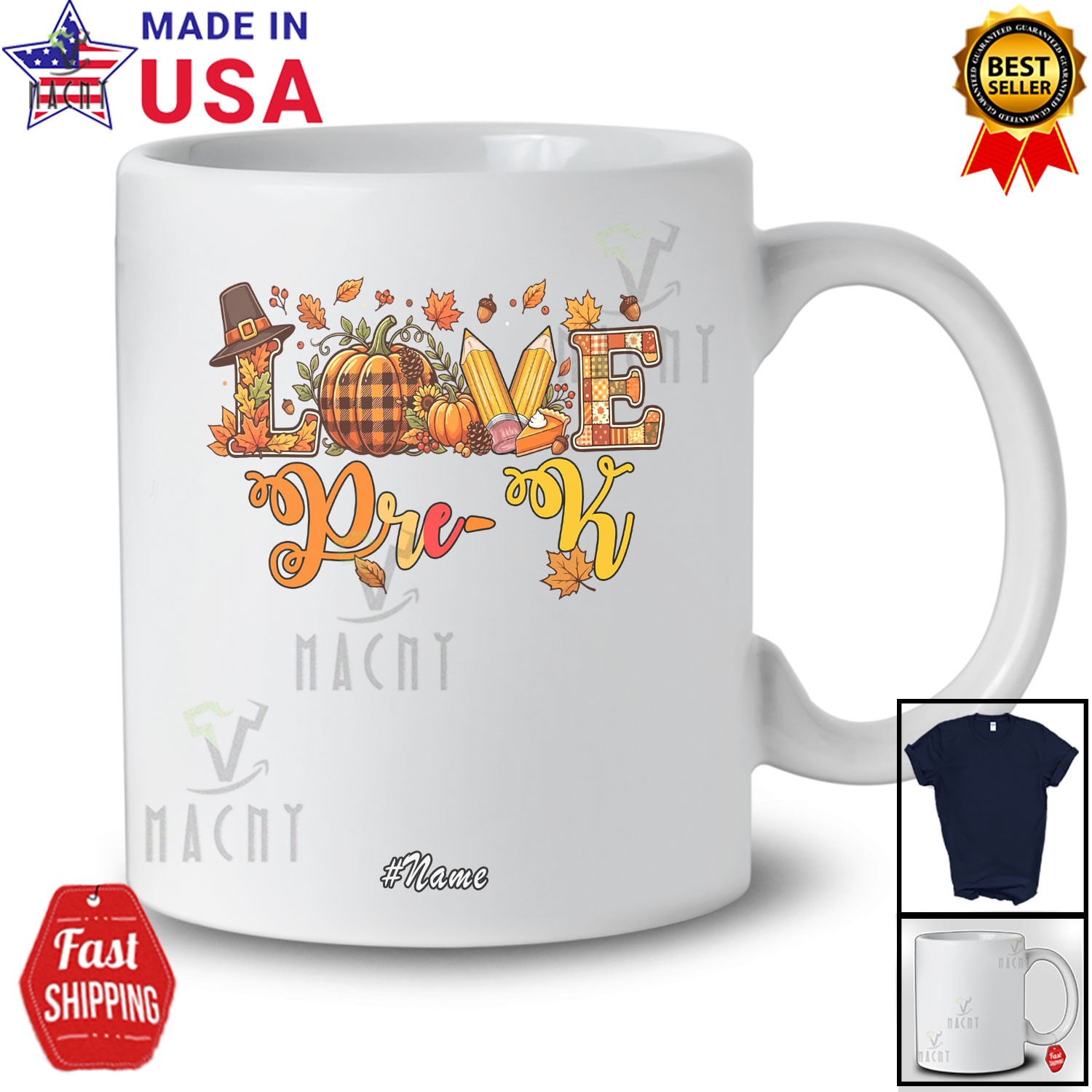 Custom Name LOVE Pre-K; Thanksgiving Pumpkin Pencil; Teacher Students Shirt