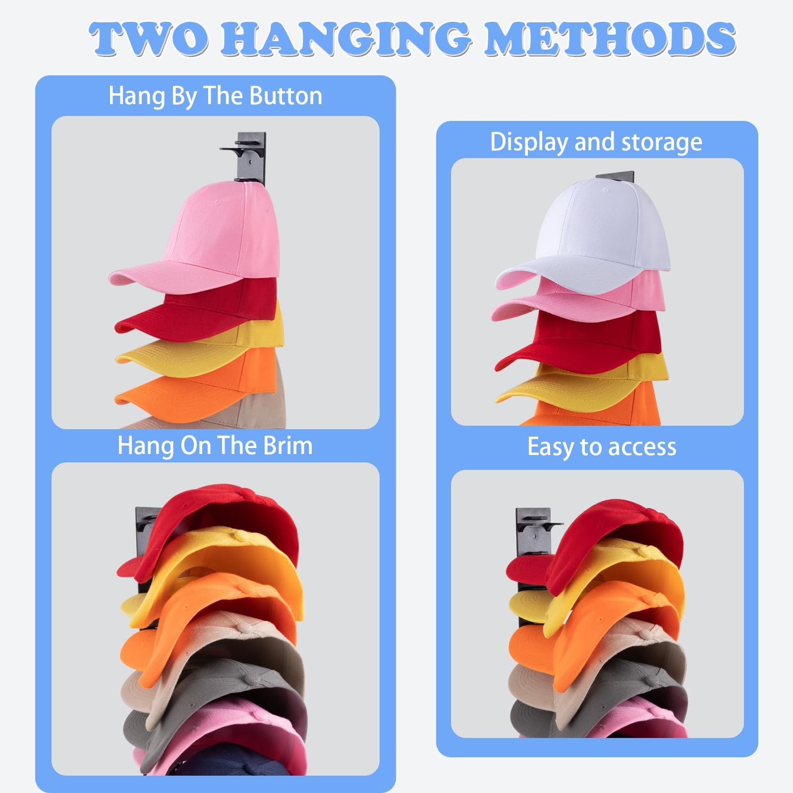 2 Pack Hat Organizer For Baseball Caps, Hat Rack for Wall Holds 18 Hats | Thick