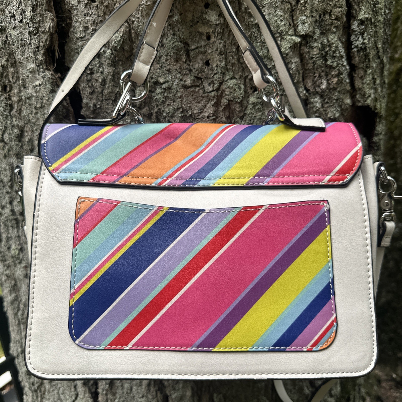 Betsey Johnson XO Jules Rainbow Stripe Top Handle Satchel Crossbody Bag Purse
