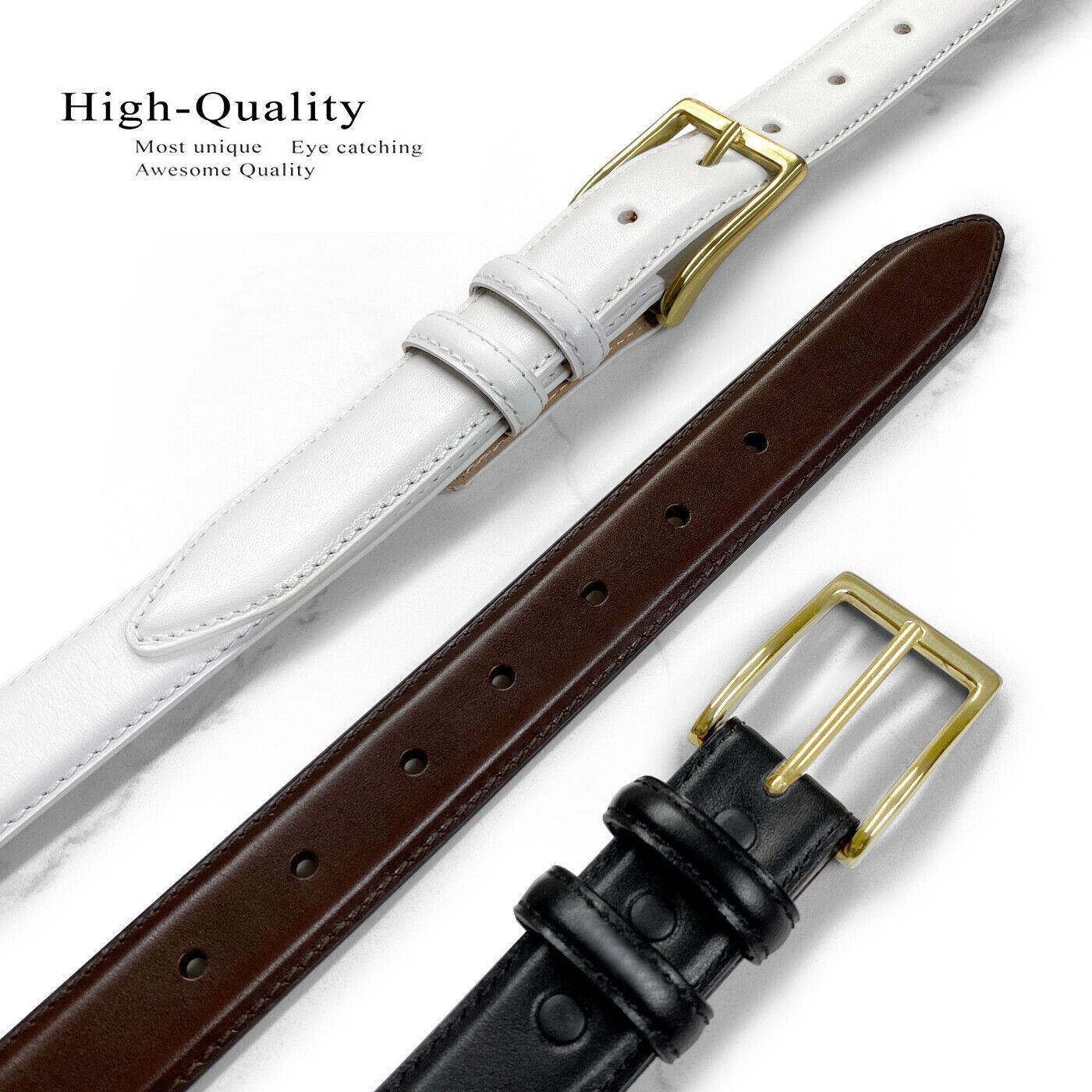 Adam Gold Buckle Italian Calfskin Genuine Full Leather Dress Belt 1-1/8″ Wide