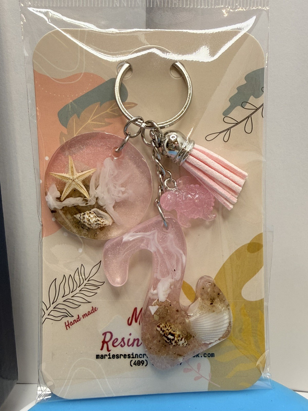 Custom made keychain Beach Theme Baby Pink Resin Keychain.