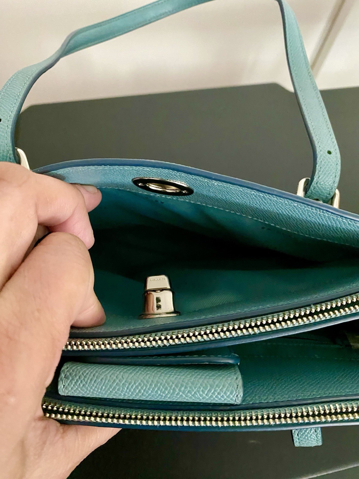 Coach Blue Pebbled Satchel Handle w/ Detachable Strap, Zip Turn Lock Carryall 29