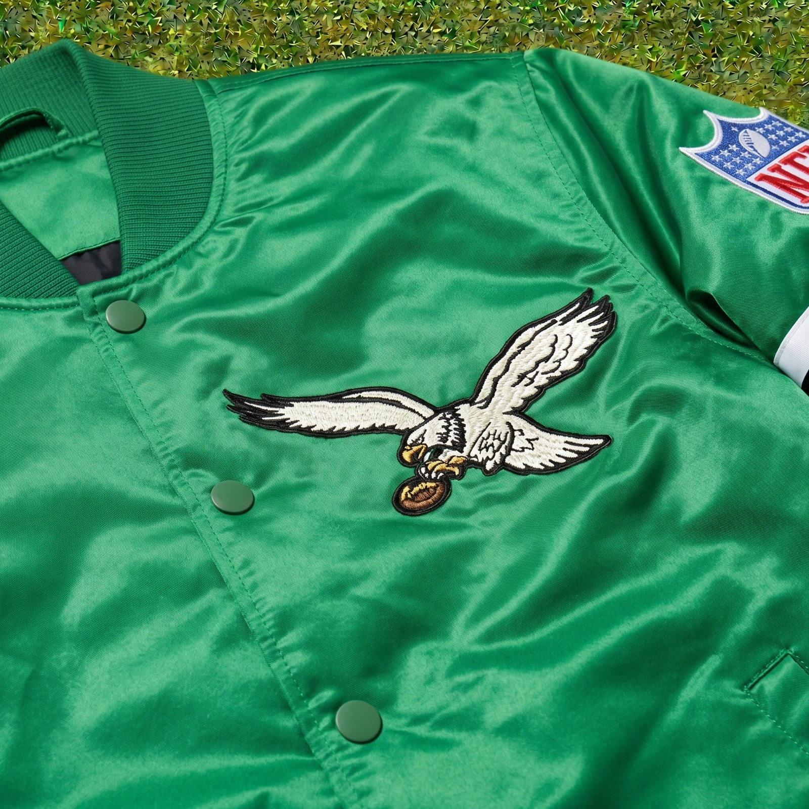 Mens Philadelphia Eagles Green Satin Bomber Varsity Football Jacket Size XS-5XL